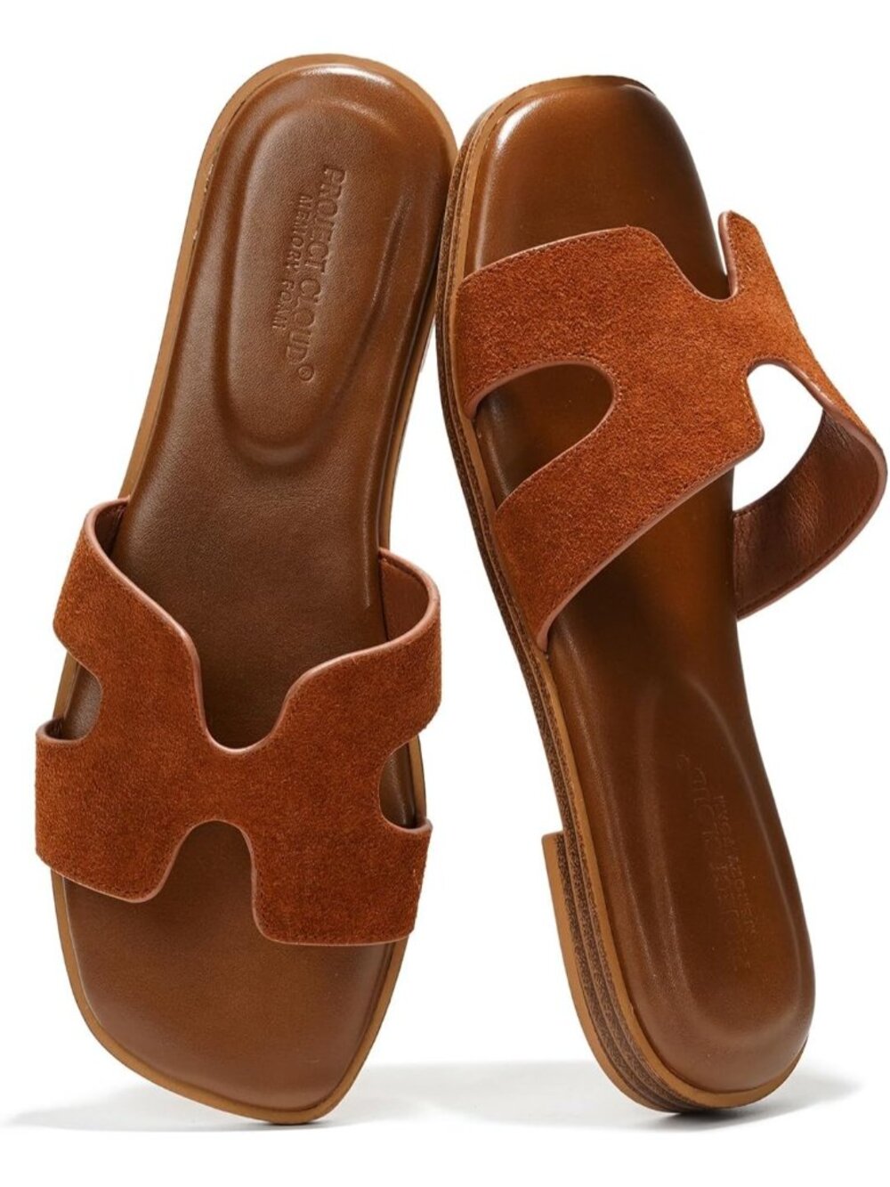 Women's Brown Genuine Leather Sandals Flat Slides Mules Memory Foam Footwear